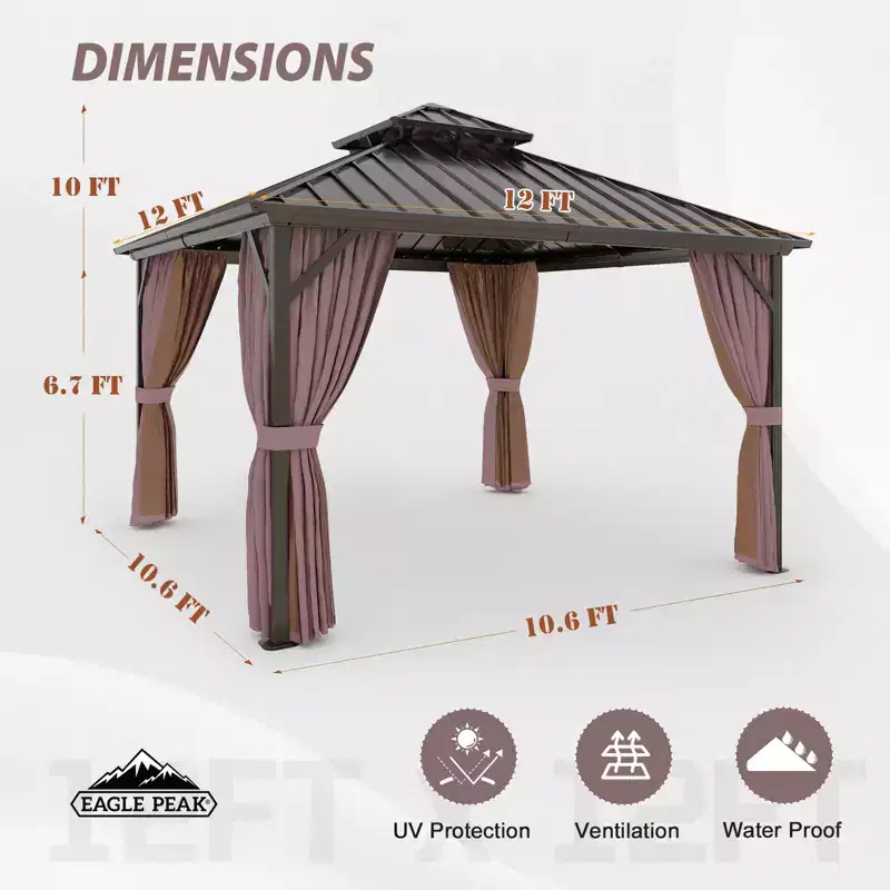 EAGLE PEAK Aluminum Frame with Steel Double Roof Hardtop Gazebo, Brown