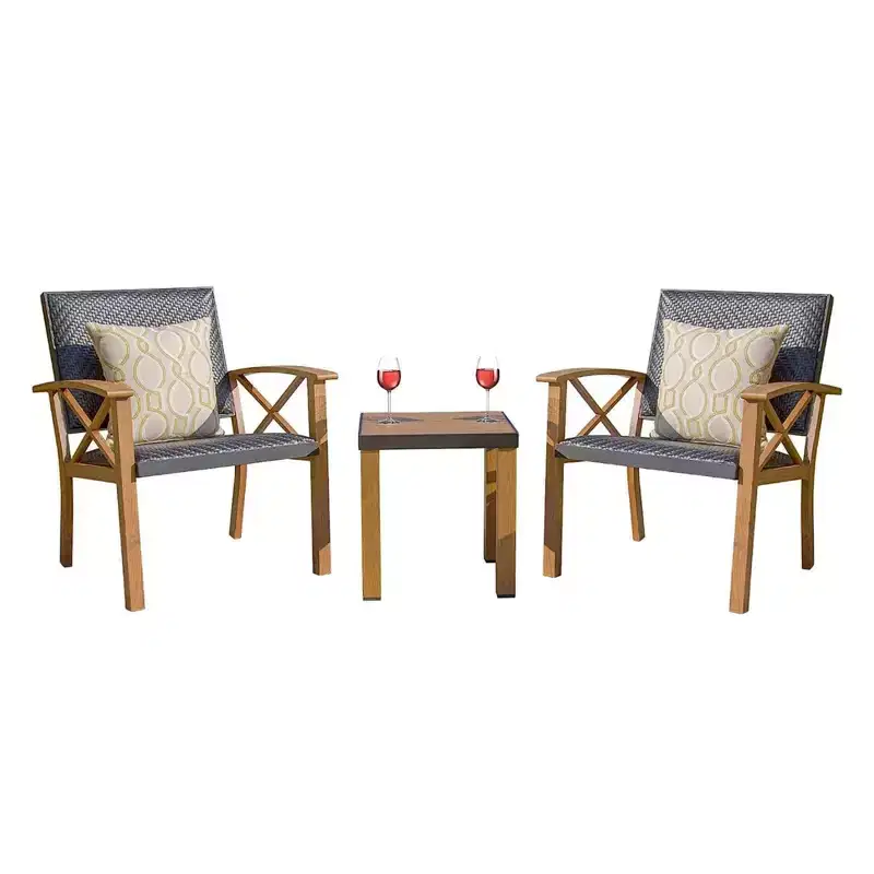 CLIHOME Outdoor Patio 3-Piece Conversation Set,Wood Grain Aluminum Wicker Table and Chair Bistro Set