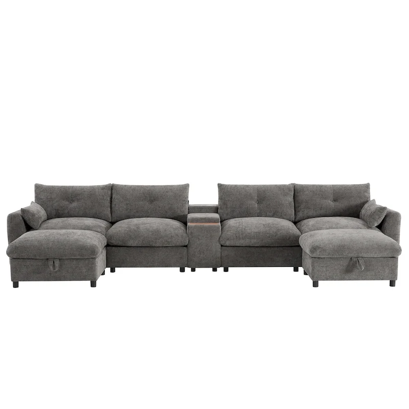 Gray Chenille Modular U-Shaped Sectional Sofa, 6-Seat