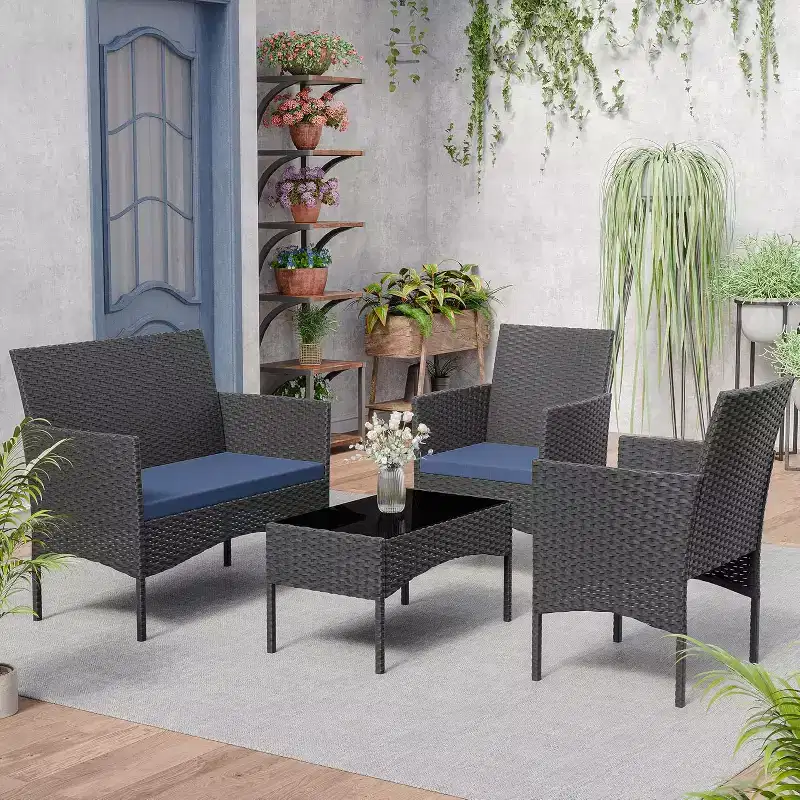 ALAULM 4 PCS Patio Furniture Set Outdoor Wicker Rattan Chairs Conversation Sets w/Coffee Table, Rocking Bistro Set