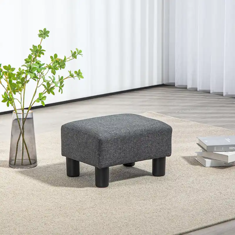 Dark Blue Linen Footrest Ottoman - Rectangle Cube Design