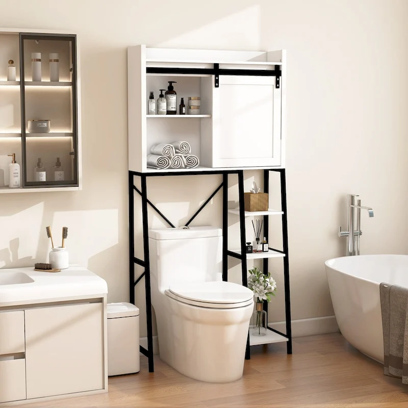 Bathroom Over The Toilet Storage Cabinet With Sliding Barn and Shelves - N/A
