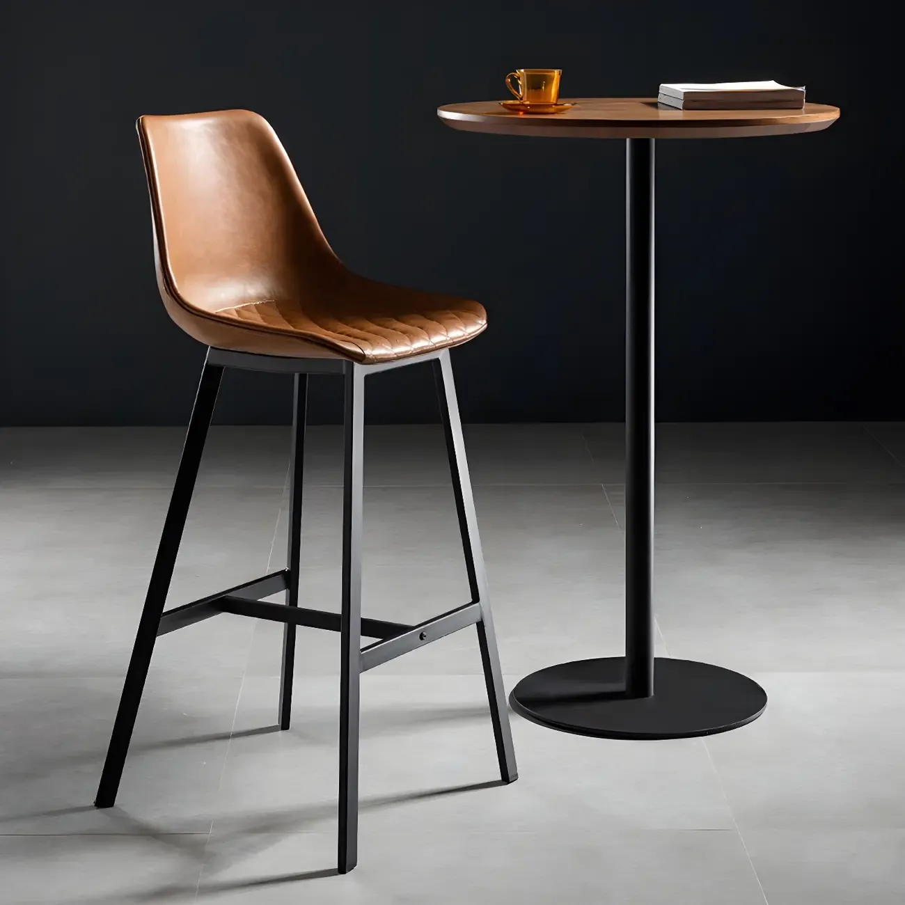 Modern Brown Wood Grain Black Metallic Pedestal Bar Tables