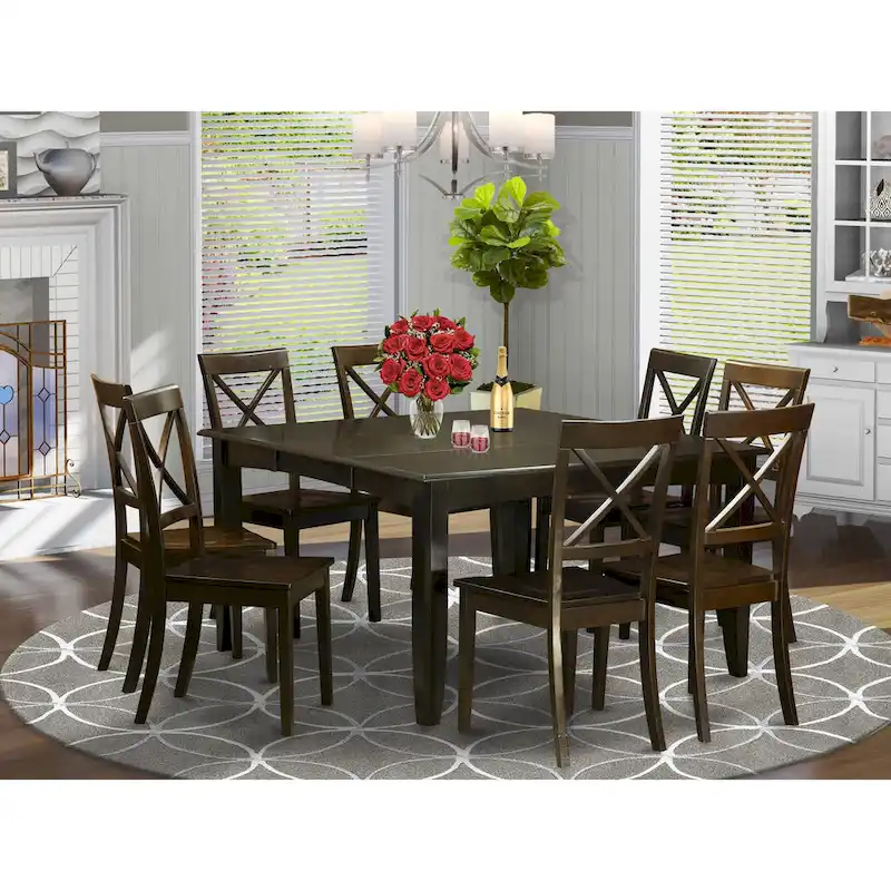 East West Furniture Dining Table Set Includes a Square Wooden Table with Butterfly Leaf and 8 Kitchen Dining Chairs, Cappuccino