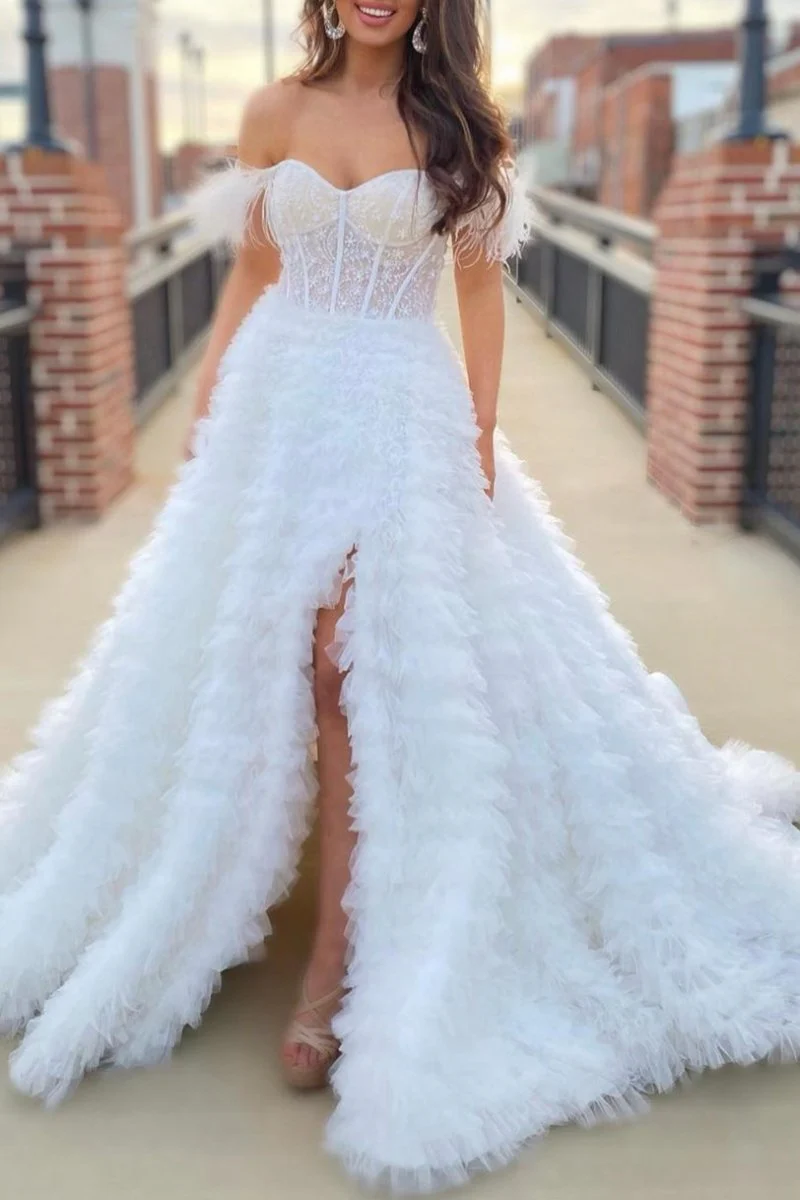A Line Sweetheart Tiered Tulle Long Prom Dress With Slit
