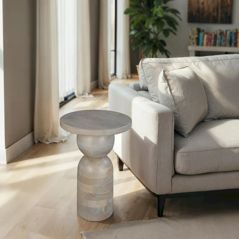 Natural Brown/Beige Mango Wood Round Side Table, Pedestal Base