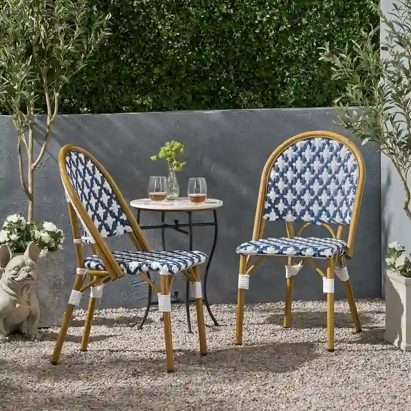 French Bistro Chair White Navy Aluminum PE Rattan Outdoor Cafe Patio Furniture 35in Tall