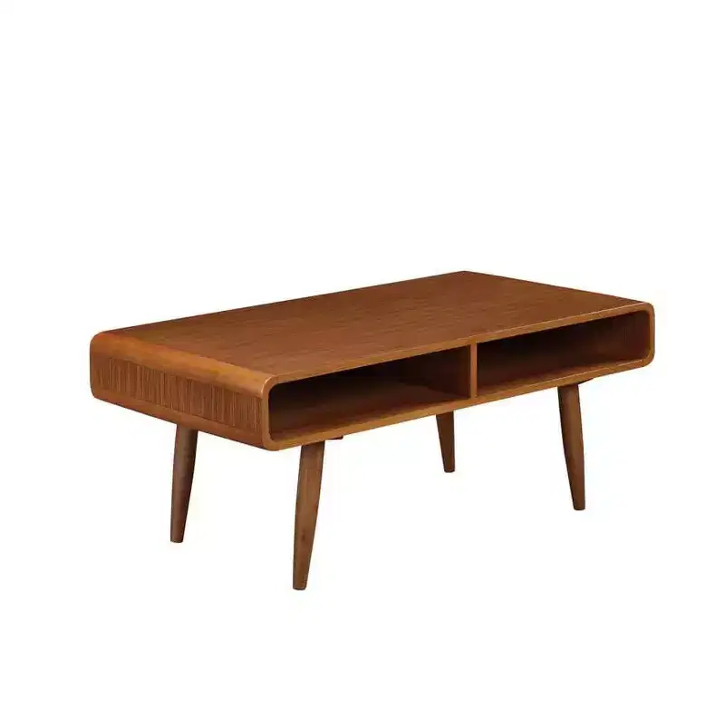 Brown Walnut Rectangle Coffee Table for 1 – Open Shelf, Tapered Legs