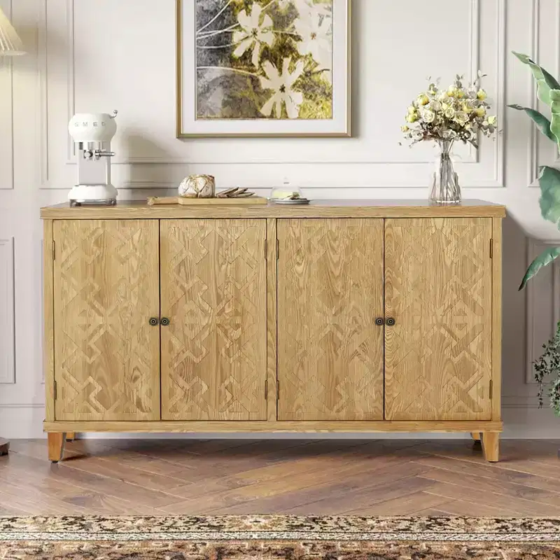 GDFStudio Isaac Rustic Fir Wood 59.00'' Storage Console Cabinet with 4 Doors