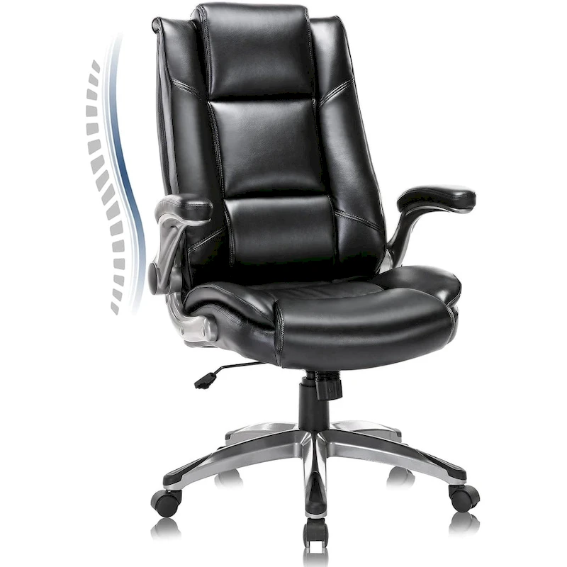 Leather Executive Office Chair- High Back Home Computer Desk Chair with Padded Flip-up Arms, Adjustable Tilt Lock