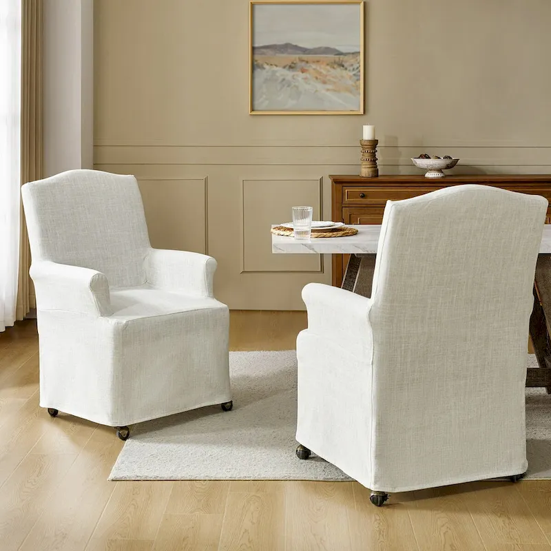 Upholstered Slipcover Arm Dining Chairs with Solid Wood Legs Set of 2