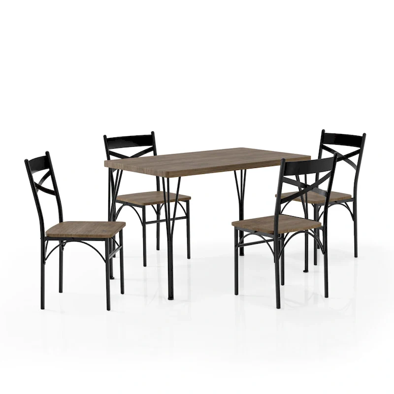 Industrial Metal Dining Table with 4 Chairs - Grey/Brown/Natural