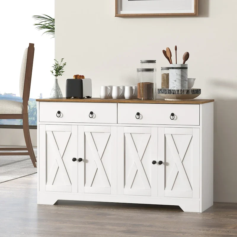 White Sideboard Buffet Cabinet with Barn-Style Doors, Drawers & Adjustable Shelves