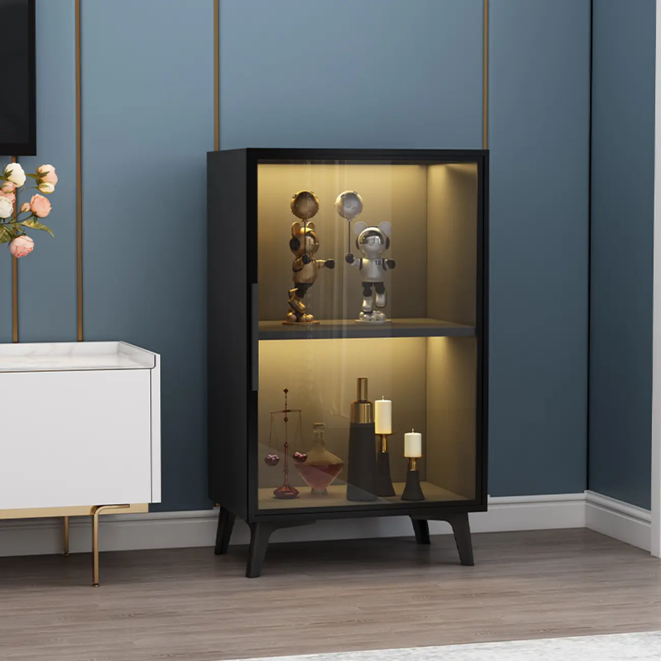 Compact Freestanding Enclosed Wooden Glass Curio Cabinet