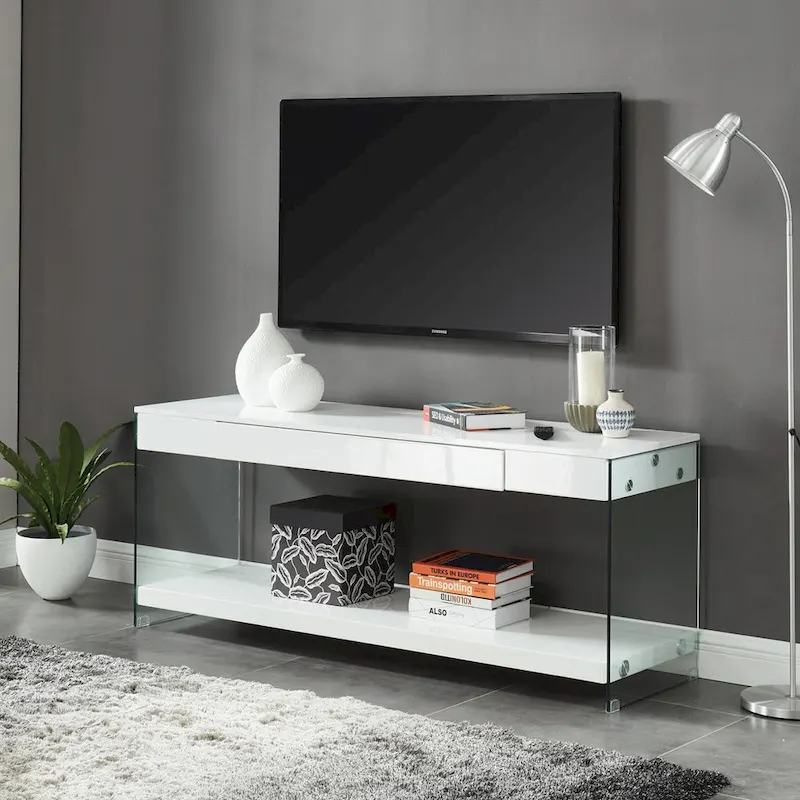 Takamura Modern 60-inch Glass 1-Shelf 1-Drawer TV Console by Strick & Bolton