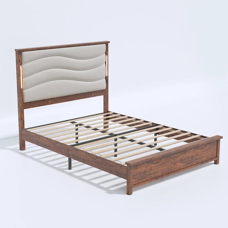 King Bed Frame with Upholstered Headboard, Charging Station, LED Lights, Wood Slats, No Box Spring Needed, Easy Assembly