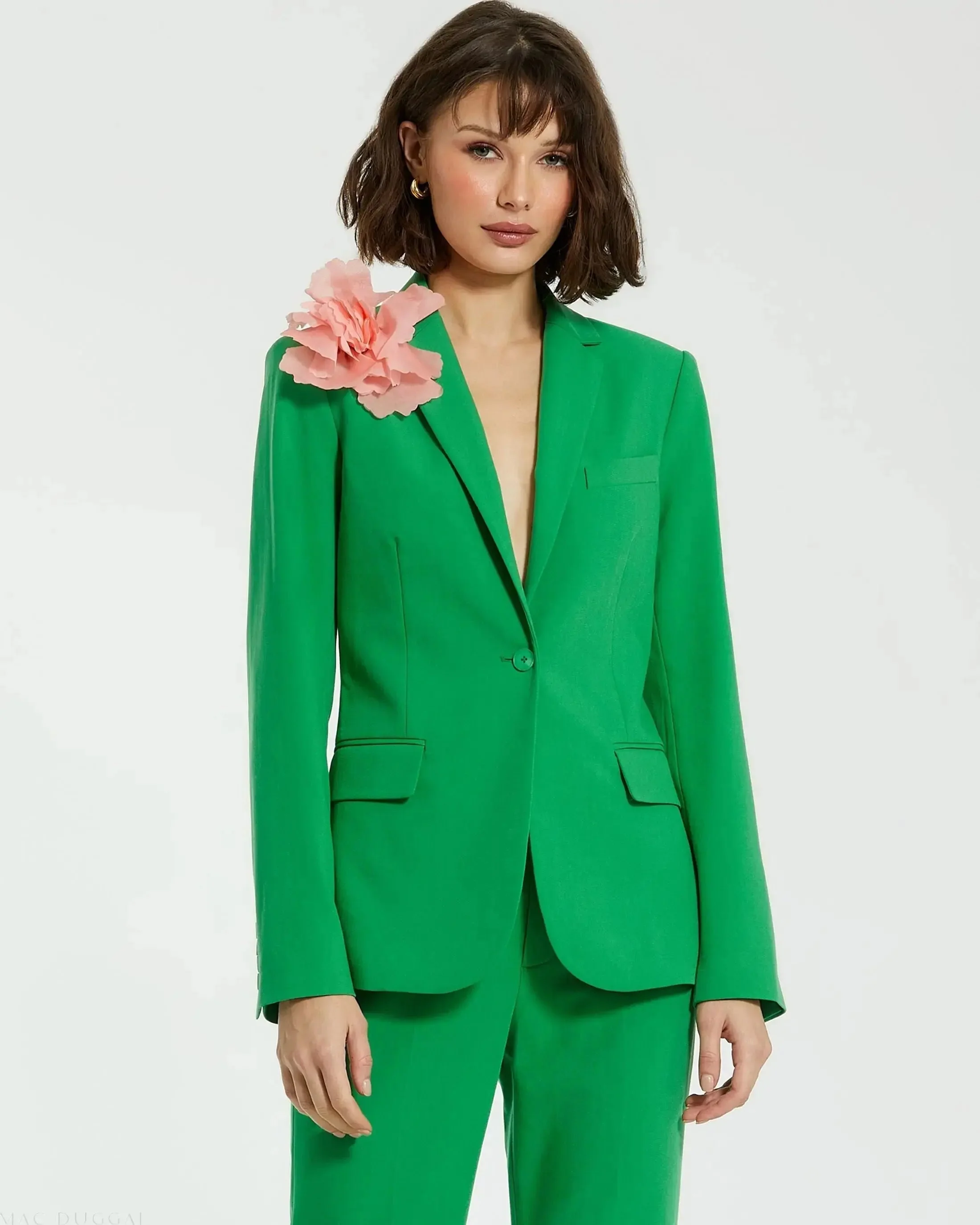 Green Classic Crepe Blazer Jacket With Flower