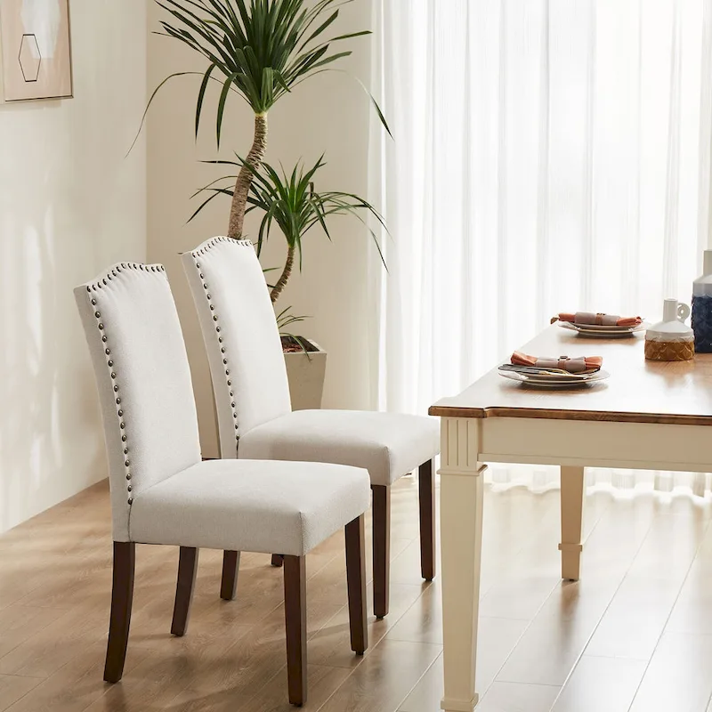 Upholstered Dining Chair Set of 2 with Nailhead Trim and Wood Legs