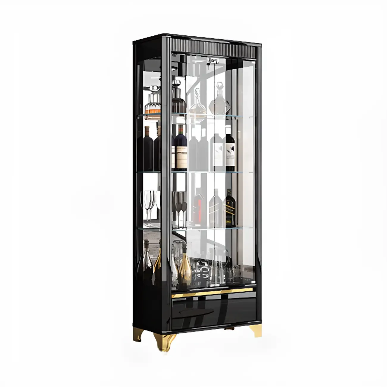 Elegant Black Clear Glass Display Cabinet with Drawers