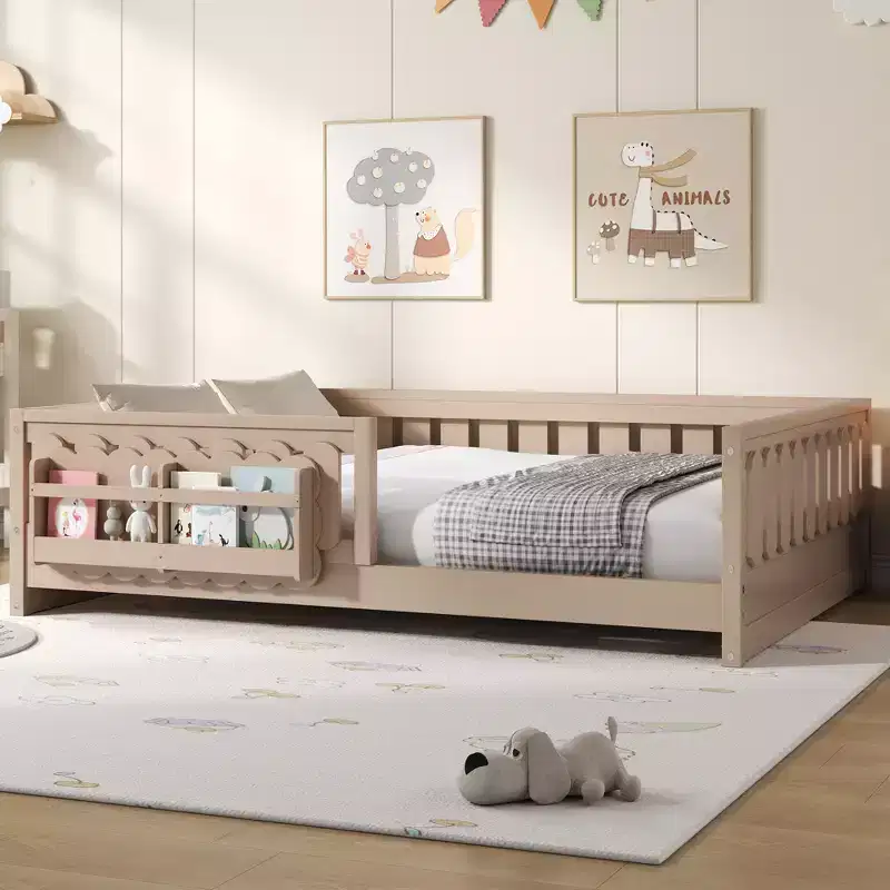 GDFStudio Stewart Wood Platform Bed with Guardrail and Storage Shelves