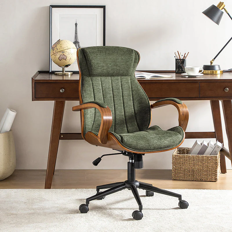 Ergonomic Office Chair with Headrest, Padded Wood Arms, Adjustable Height, Swivel & Rocking Function | Moss / Navy / Grey | Single Seat