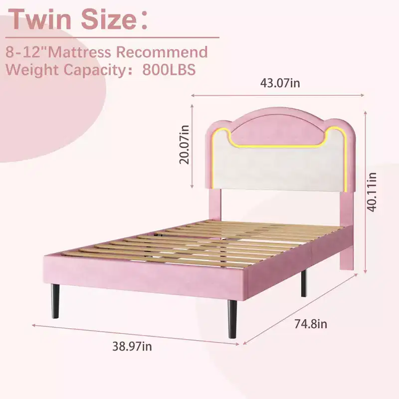 LED Light Upholstered Bed Frame, Twin Size Princess Platform Bed with Fabric Headboard and Wood Slats, No Box Spring Required in Pink and White