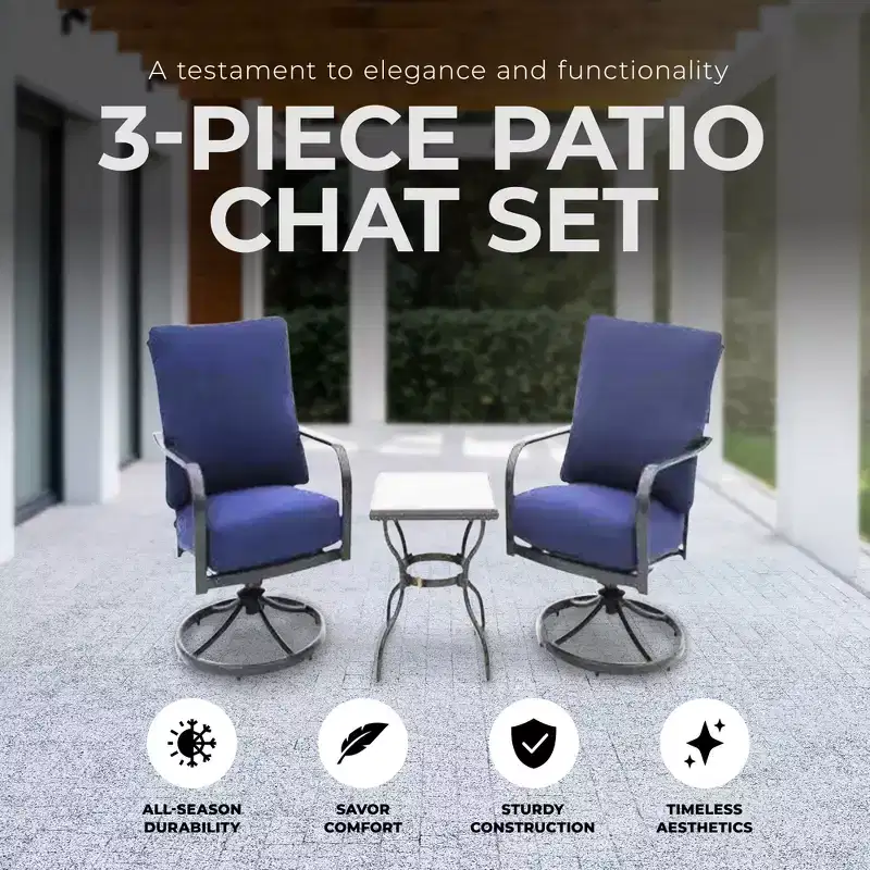 Four Seasons Courtyard Brookfield 3 Piece Deep Seating Patio Chat Set, Includes 2 Swivel Rockers with Olefin Cushions and Tile Table, Navy