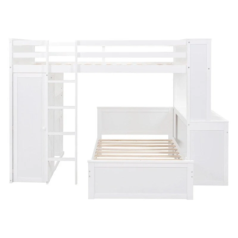 Full size Loft Bed with a twin size Stand-alone bed, Shelves,Desk,and Wardrobe