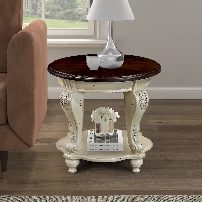 Round End Table with Lower Shelf and Cabriole Legs