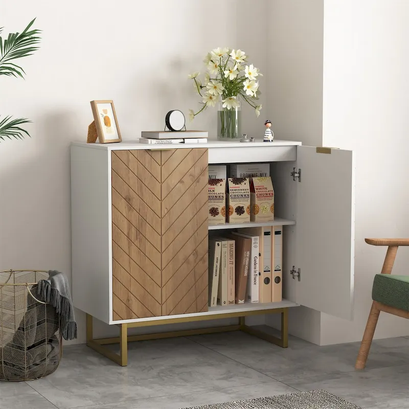 White Herringbone Buffet Sideboard Cabinet