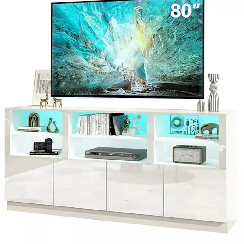 70 Inch High Gloss LED TV Stand with Storage Cabinets, Fits up to 85