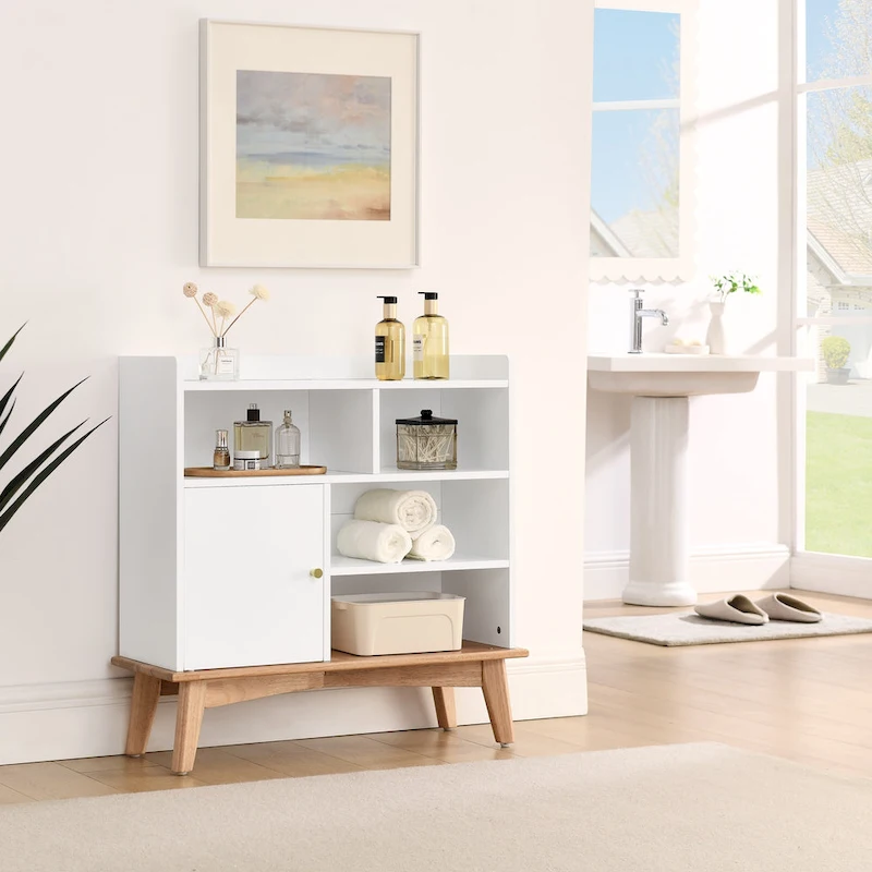 Colorblocking Storage Cabinet with Solid Wood Base & feet,Floor Cabinet for Bedroom Living Room Nursery,Bookcases for Children