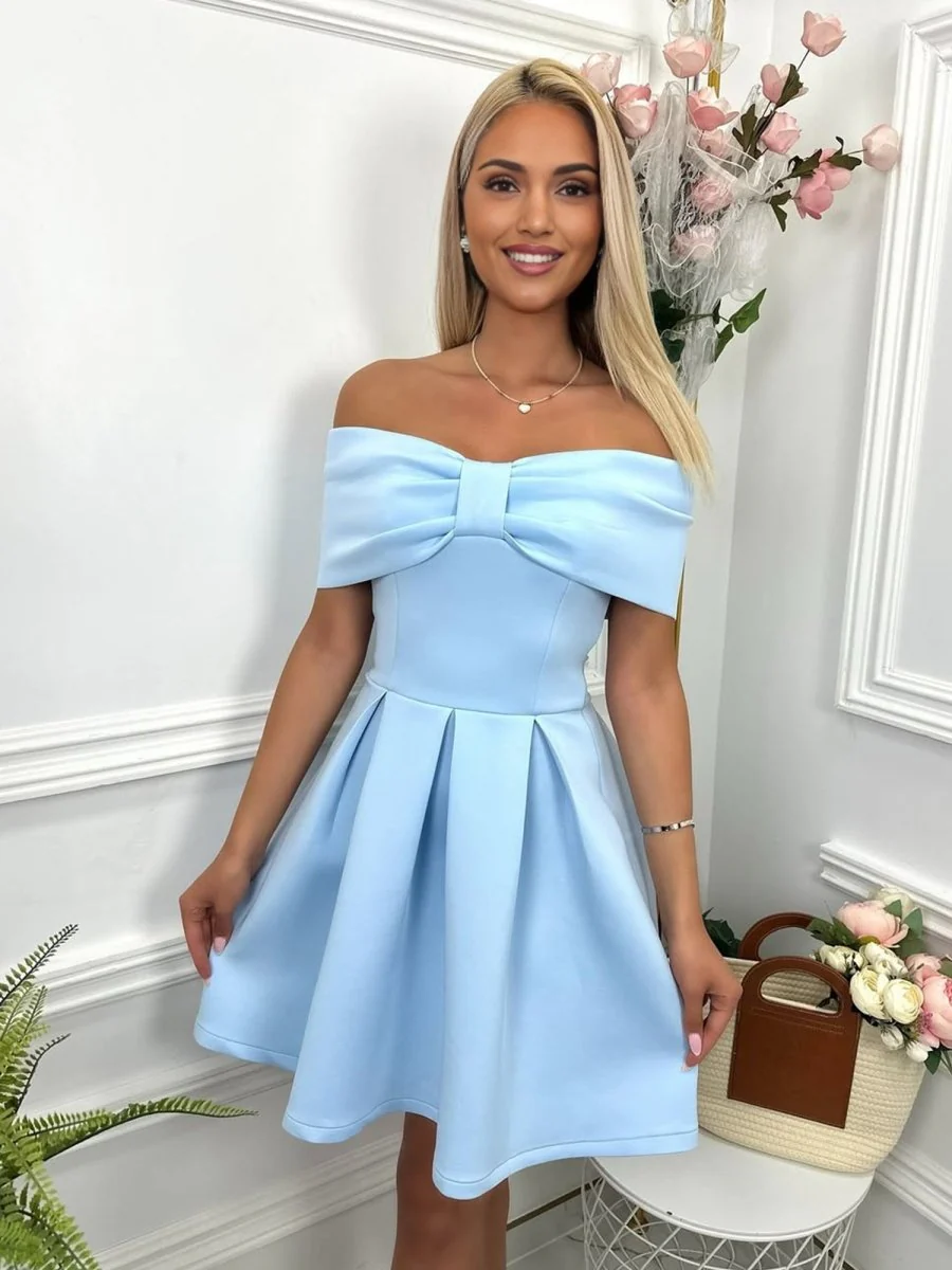 Blue - Off The Shoulder A Line Satin Short Homecoming Dress With Bow