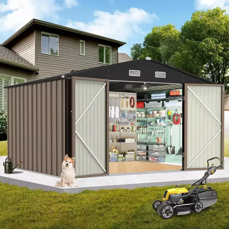 Outdoor Metal Storage Shed, Waterproof Tool Shed with Lockable Door, Updated Frame for Secure Patio, Lawn, Garden, or Poolside Storage