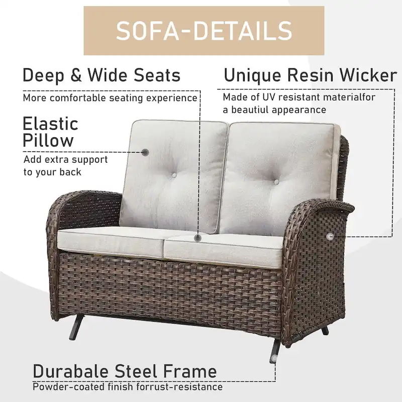 Patio Glider Rocking Sofa with Swivel Chair and Ottoman - Brown