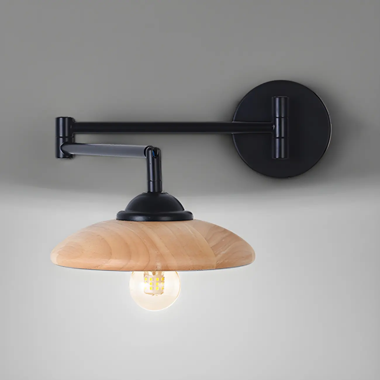 Black Metal Swing Arm Wall Light with Wood Shade