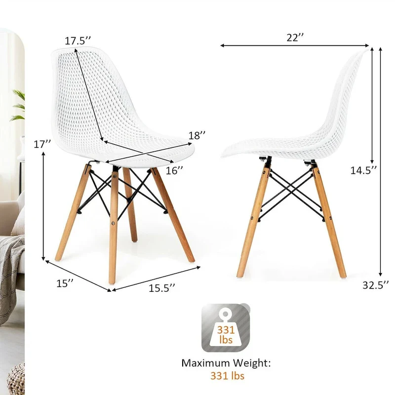 4 Pcs Modern Plastic Hollow Chair Set with Wood Leg - 22 x 18 x 32.5 (L x W x H)