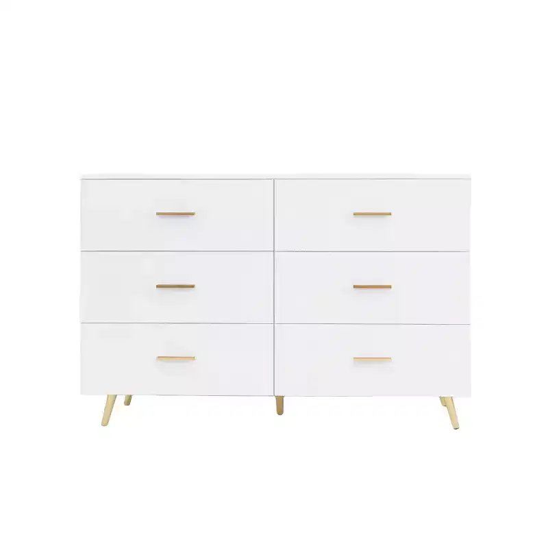 Okak 6-Drawer Dresser Golden Handles and Steel Legs, Spacious Large Drawers, Stylish Storage Chest for Home Organization