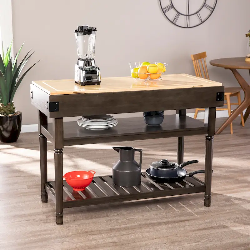 Brown/Natural Transitional Portable Butcher Block Kitchen Island, 1-Person