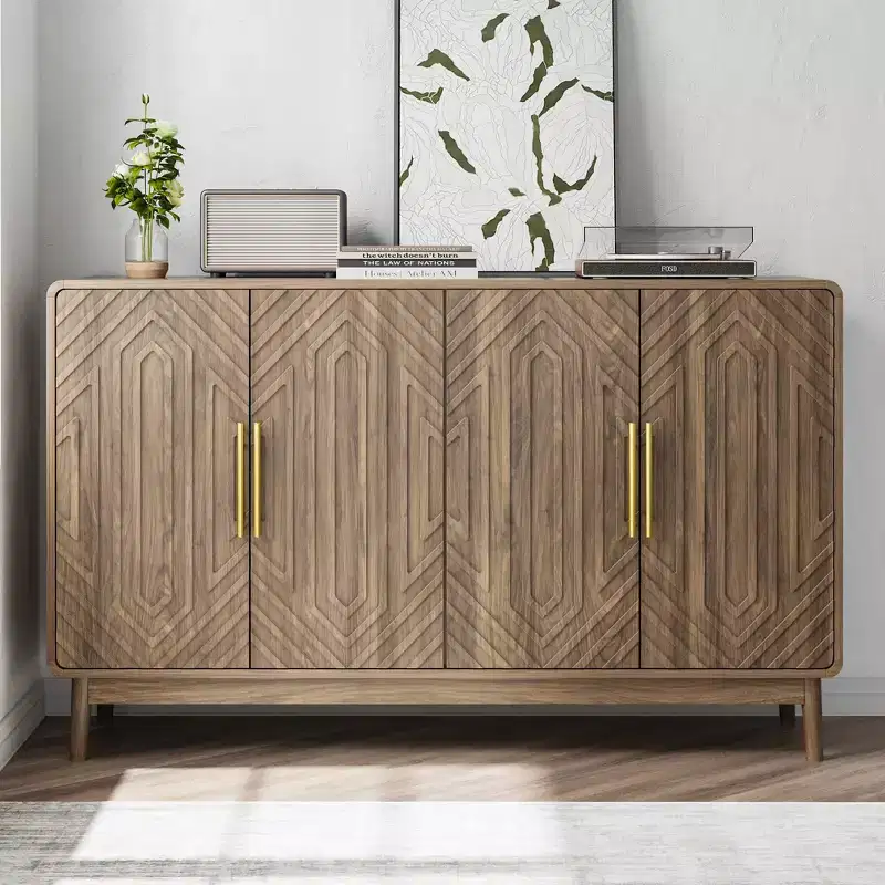 MAYEERTY Sideboard Buffet Cabinet with Carved 4 Door Adjustable Layer Board for Living Room Kitchen Dining Room Walnut