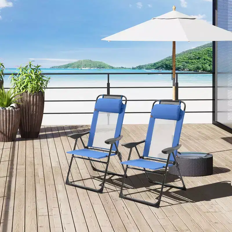 Folding Patio Dining Chairs Set of 2,Outdoor Deck Chair with Removable Headrest,Camping Chair with Adjustable Sling Back for Garden,Backyard,Lawn,Blue