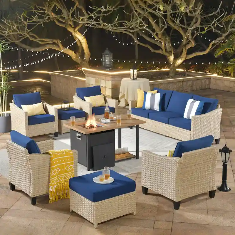 HOOOWOOO 8-piece Patio Wicker Rattan Conversation Set with Multifunctional Fire Pit Table