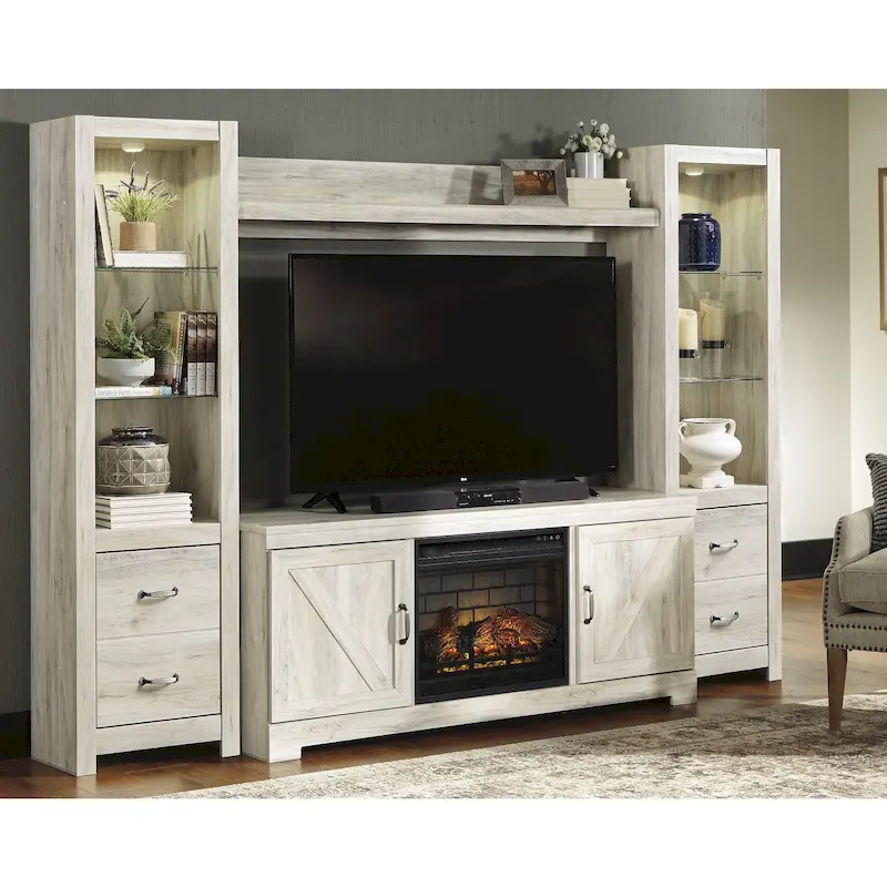 Whitewash 4-Piece Entertainment Center with Electric Fireplace - 103.5W x 19.5D x 72.25H