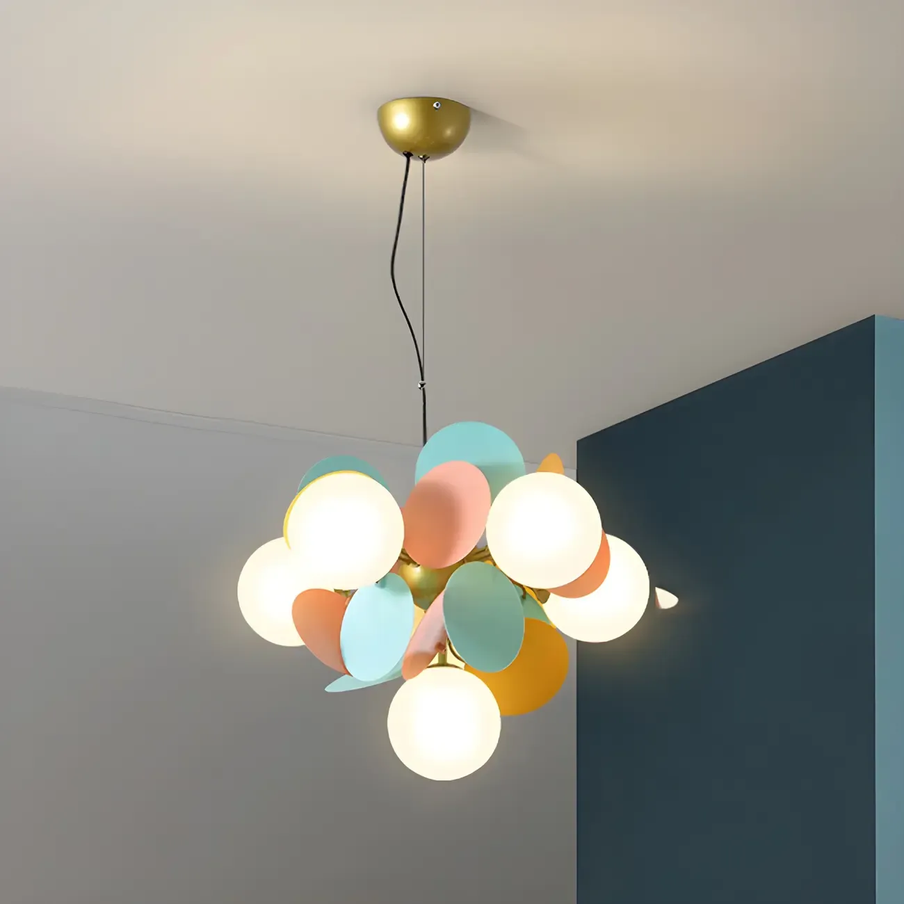Pastel Sphere Glass and Metal Starburst Chandelier