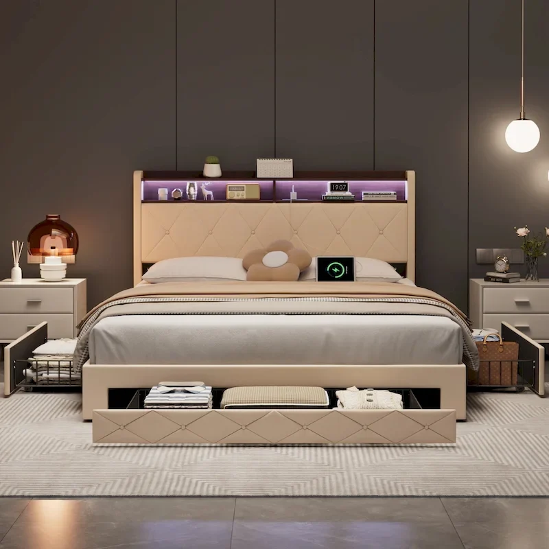 Javlergo Bed Frame with 4 Storage Drawers & Charging Station, Upholstered Platform Bed with Storage Headboard and LED Light