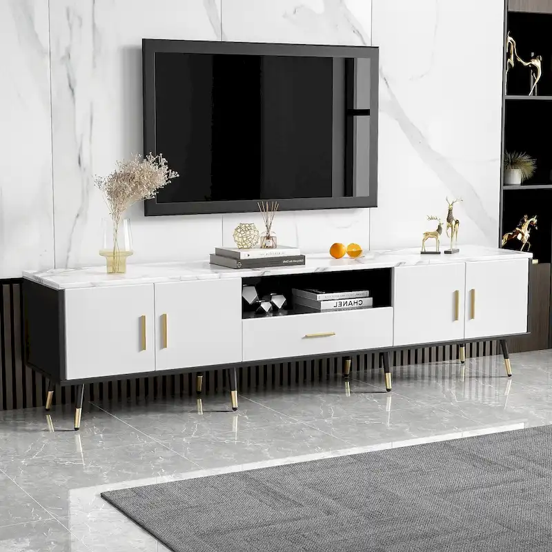 White and Black / Black MDF TV Stand with Cabinet Doors and Open Shelves – 70.8 in, Fits up to 80 in TV