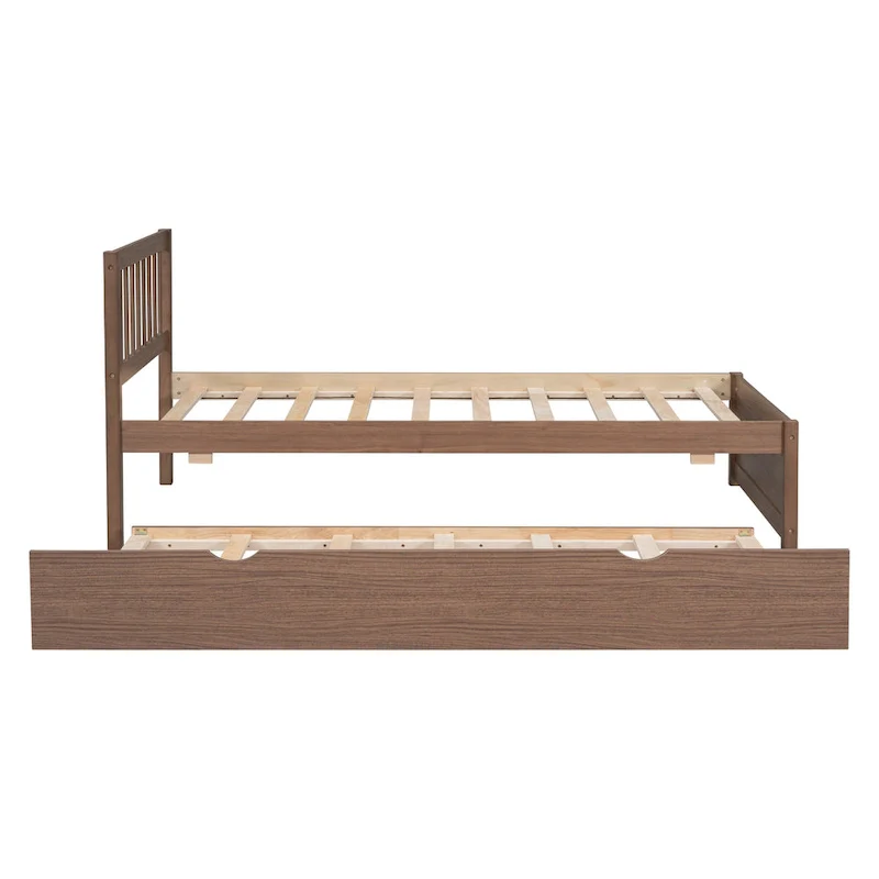 Brown Walnut Twin Bed with Trundle and Fence Headboard