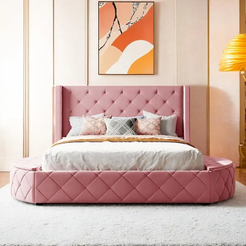 Upholstered Platform Bed Queen Size Storage Velvet Bed with Wingback Headboard and 1 Big Drawer,2 Side Storage Stool