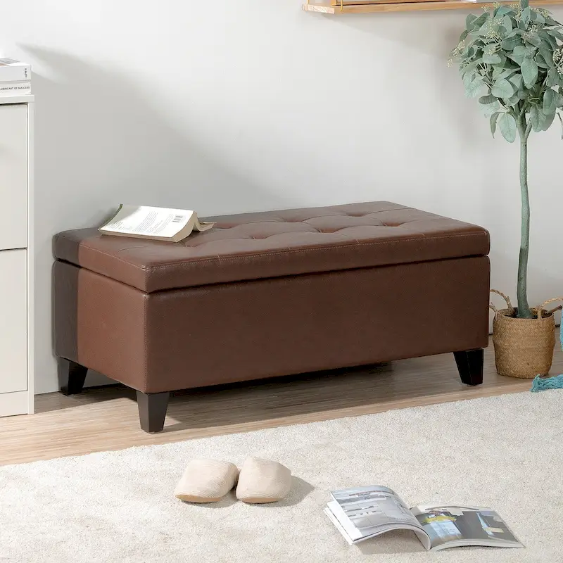 Storage Ottoman with Wooden Legs, Faux Leather Ottoman with Storage for Living Room, Bedroom & Hallway