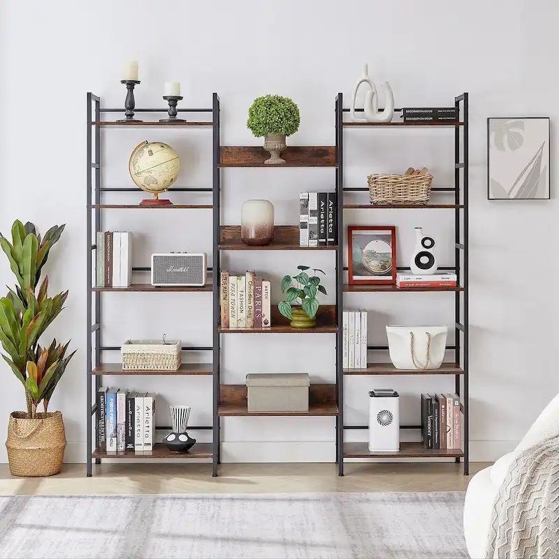 Triple Wide 5-shelf Bookshelves Industrial Retro Wooden Style Home and Office Large Open Bookshelves